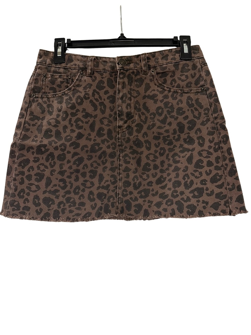 Stradivarius Leopard Print Denim Mini Skirt Raw Hem Sz M/L Y2K Style